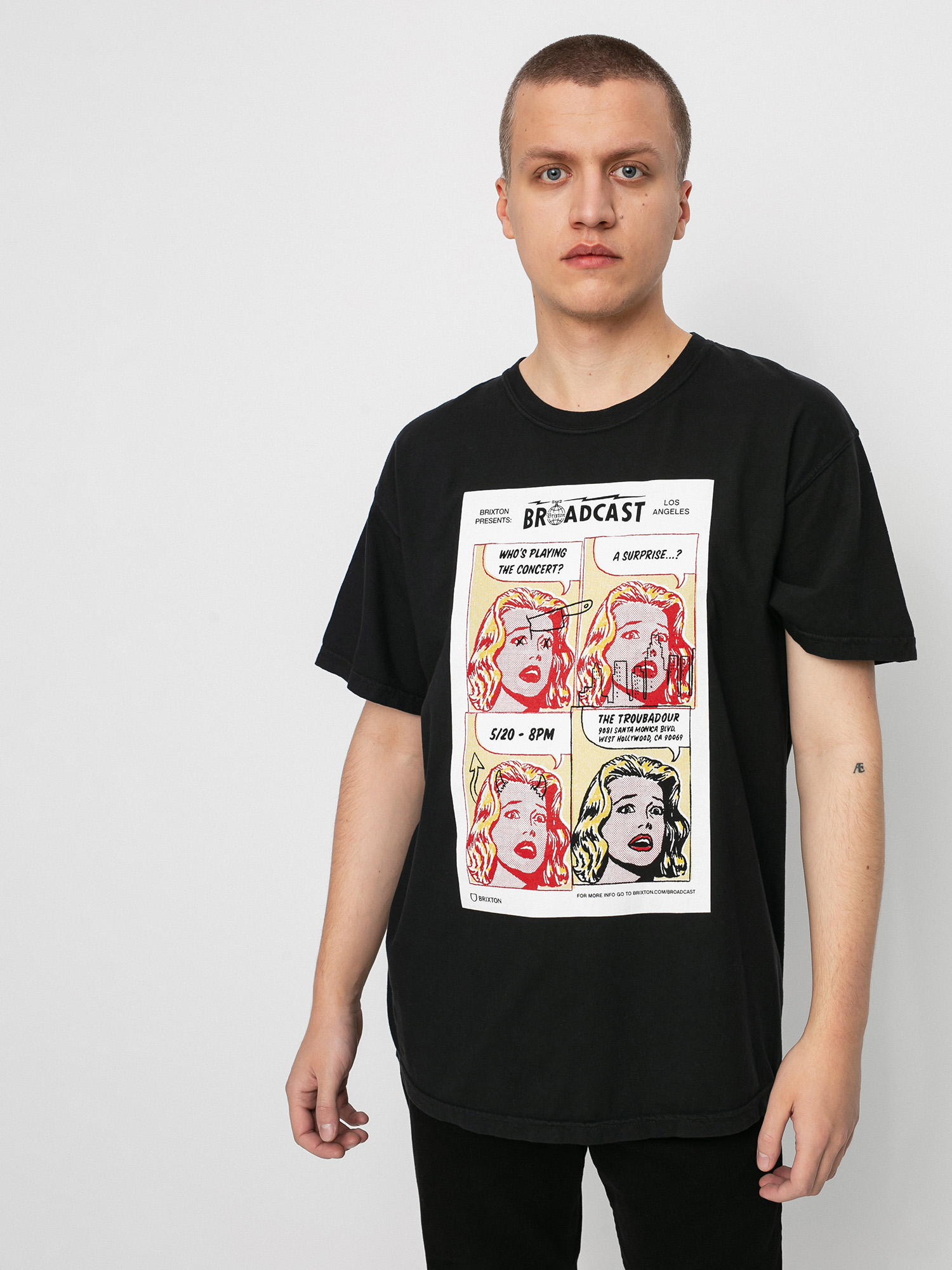 Tričko Brixton La Brxtn Broadcast Stt (black garment dye)