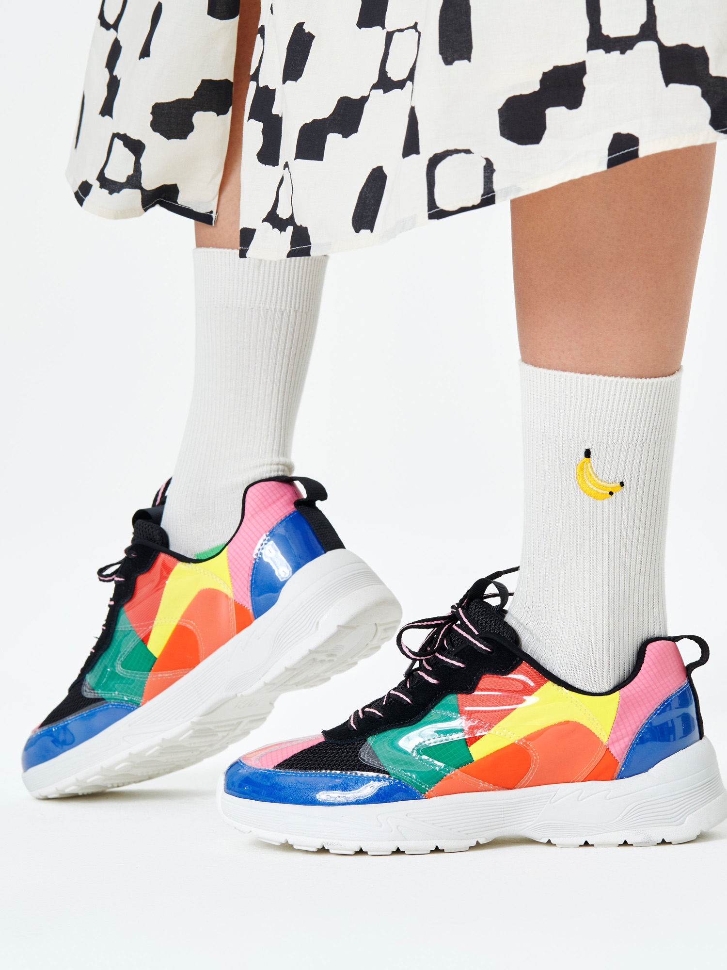 Ponožky Happy Socks Ribbed Embroidery Banana (white)