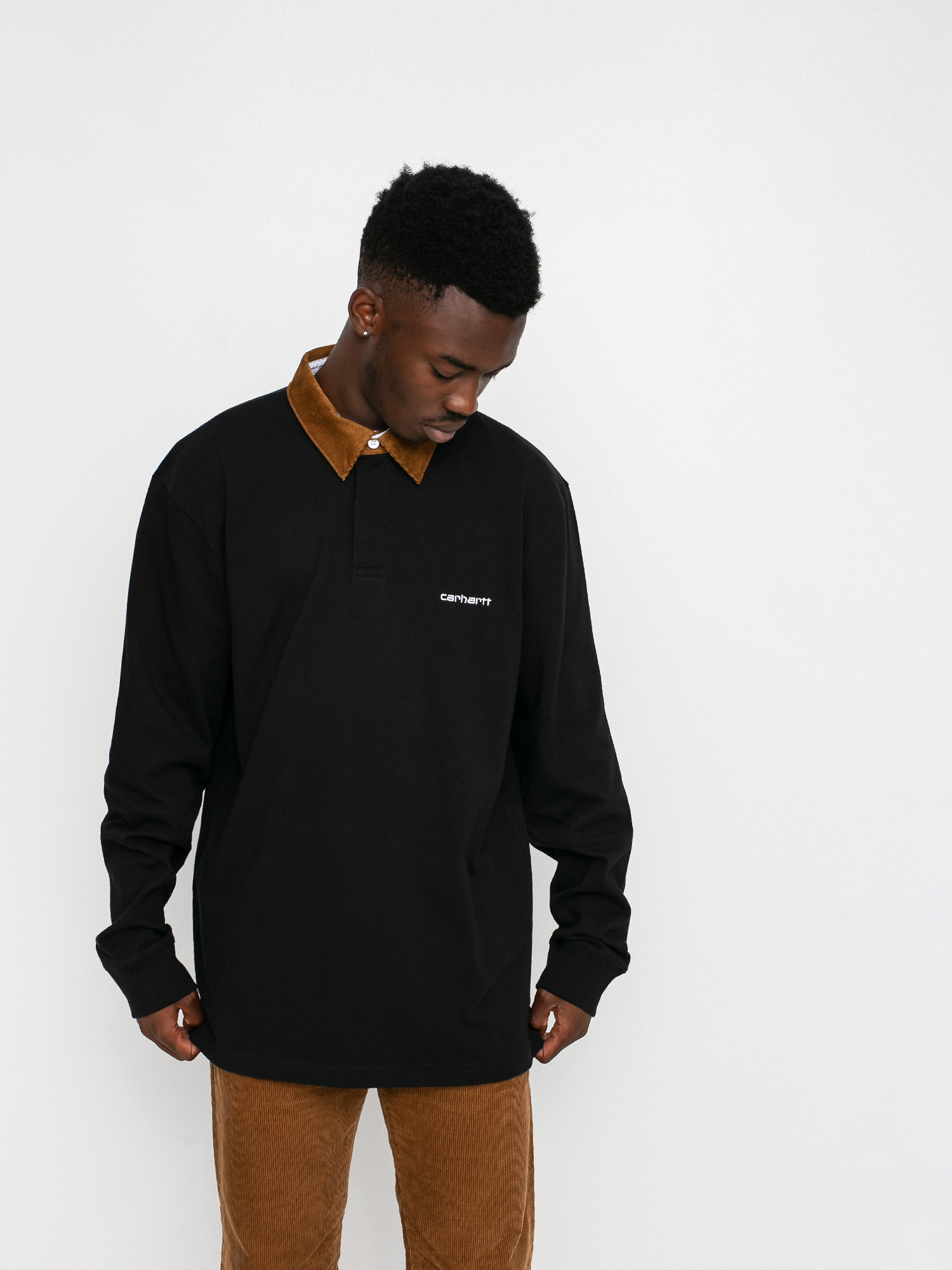 Polo tričko Carhartt WIP Cord Rugby (black/h brown/white)