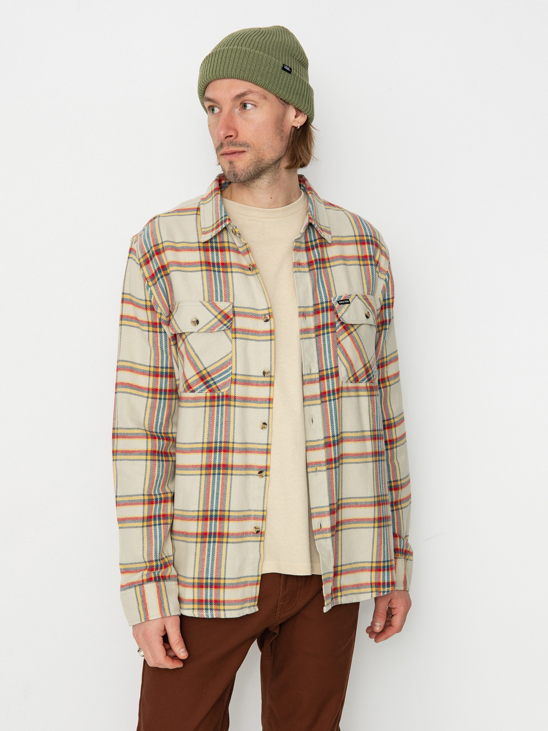 Košeľa Brixton Bowery Flannel Ls (white smoke/yellow/casa red)