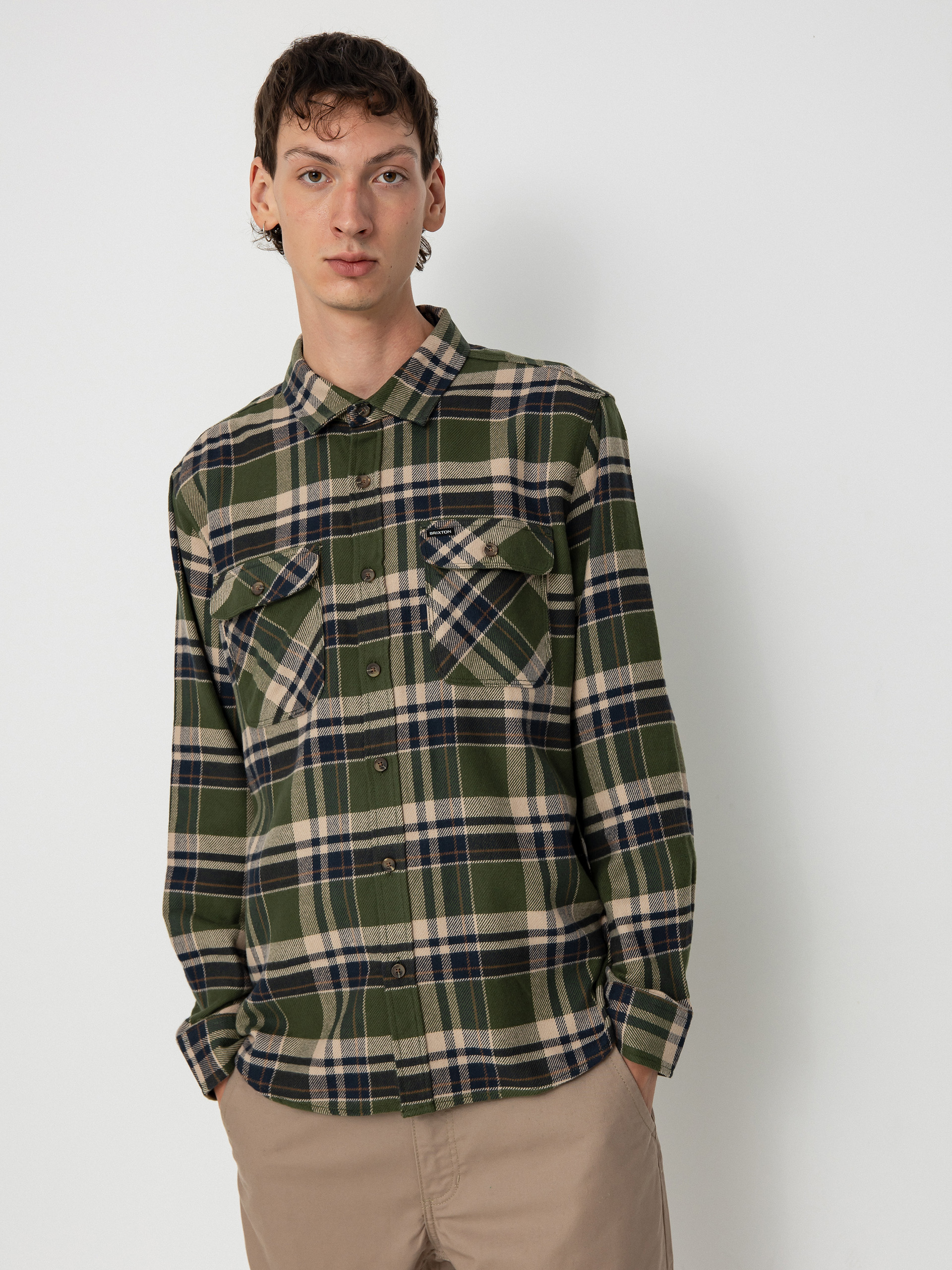 Kou0161eu013ea Brixton Bowery Flannel Ls (cypress green/washed navy/whit)