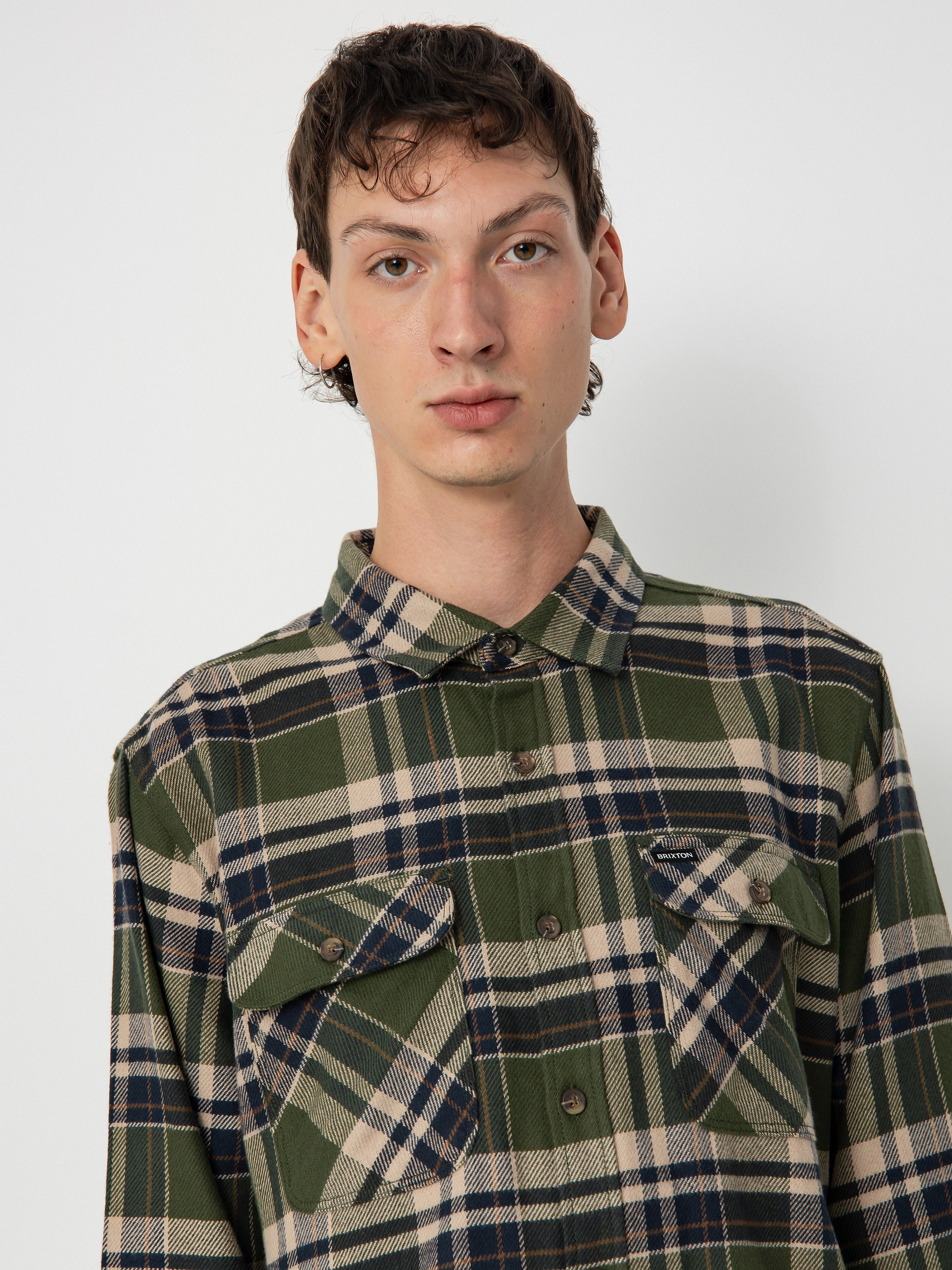 Košeľa Brixton Bowery Flannel Ls (cypress green/washed navy/whit)