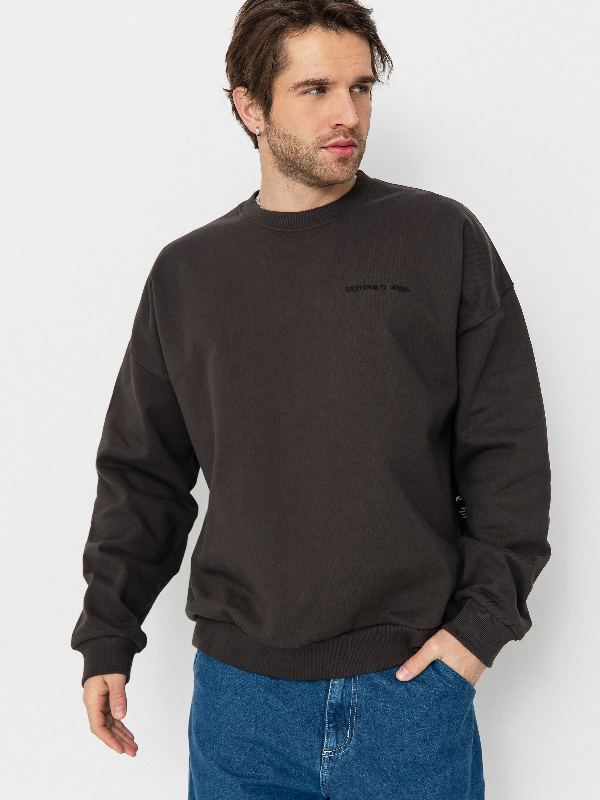 Mikina Brixton Embroidered Heavy Weight Crew (washed black)