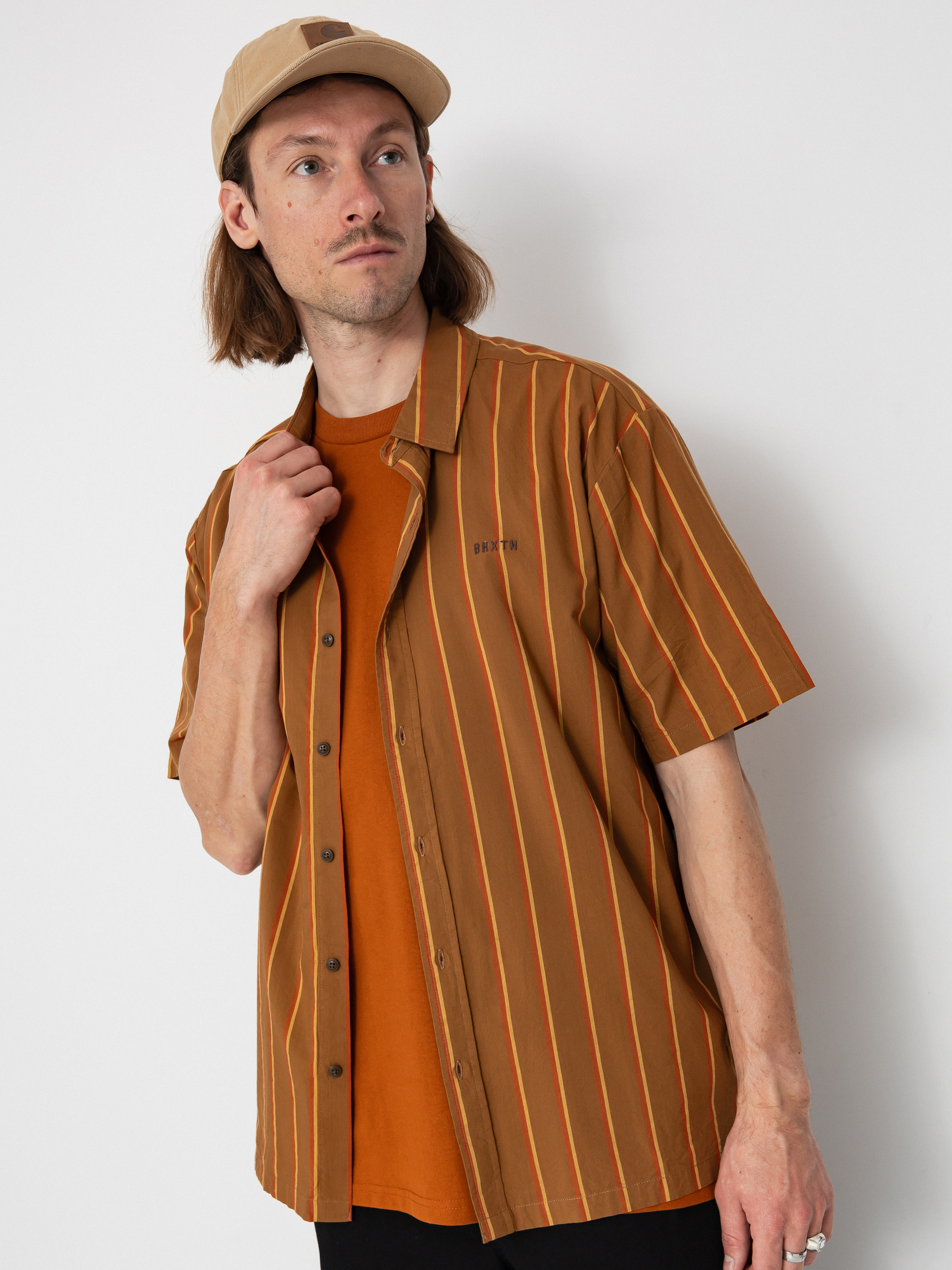 Košeľa Brixton Cru Stripe (washed copper/burnt red/sunset)
