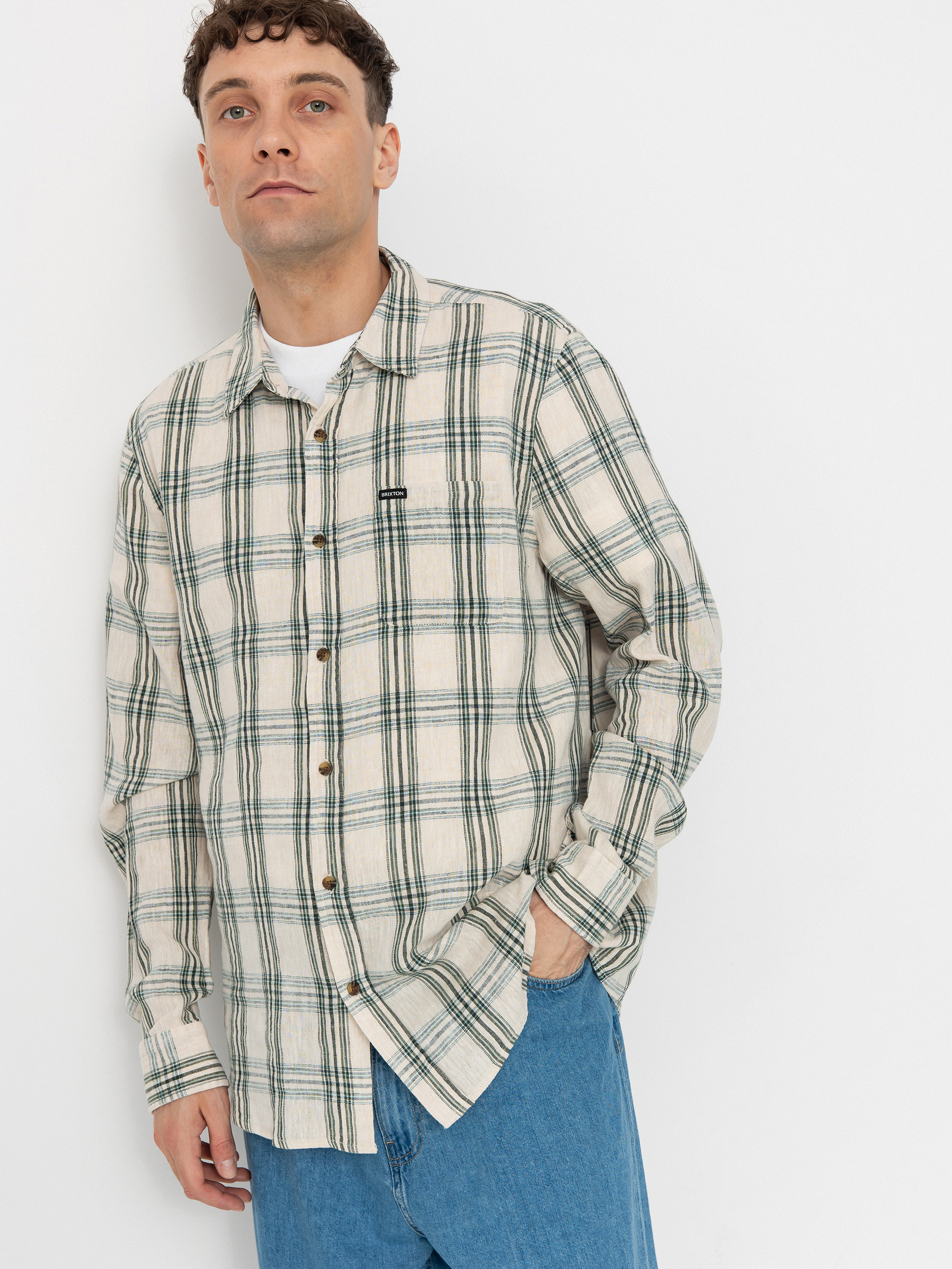 Košeľa Brixton Charter Linen Blend Ls (off white/ivy green plaid)
