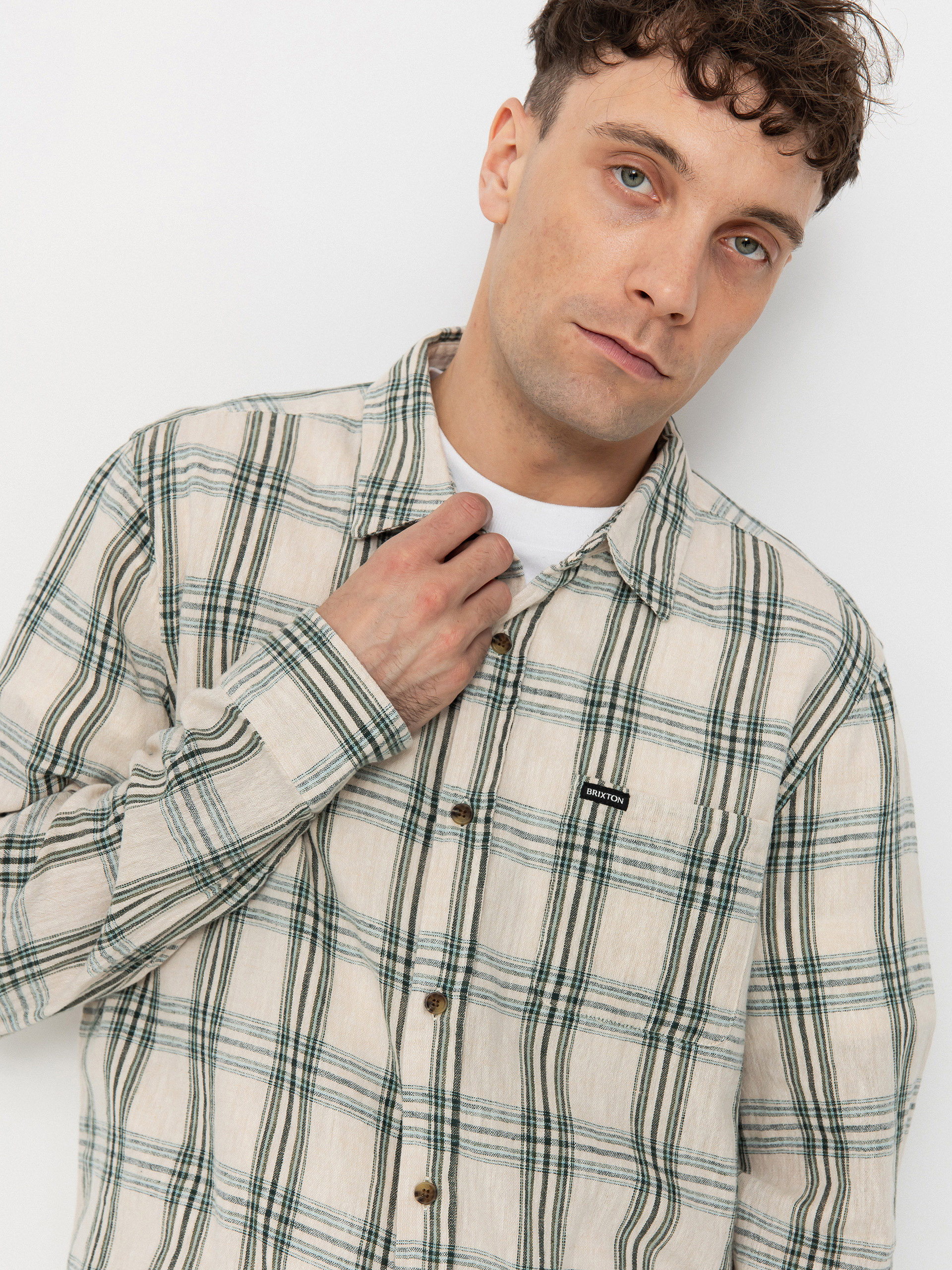 Košeľa Brixton Charter Linen Blend Ls (off white/ivy green plaid)