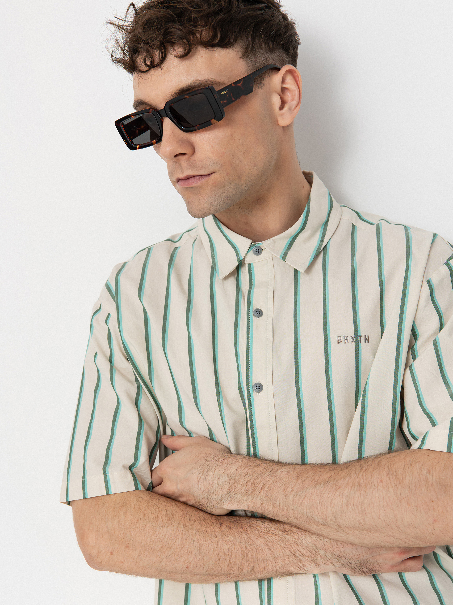 Košeľa Brixton Cru Stripe (beige/pine needle/aquatic gree)