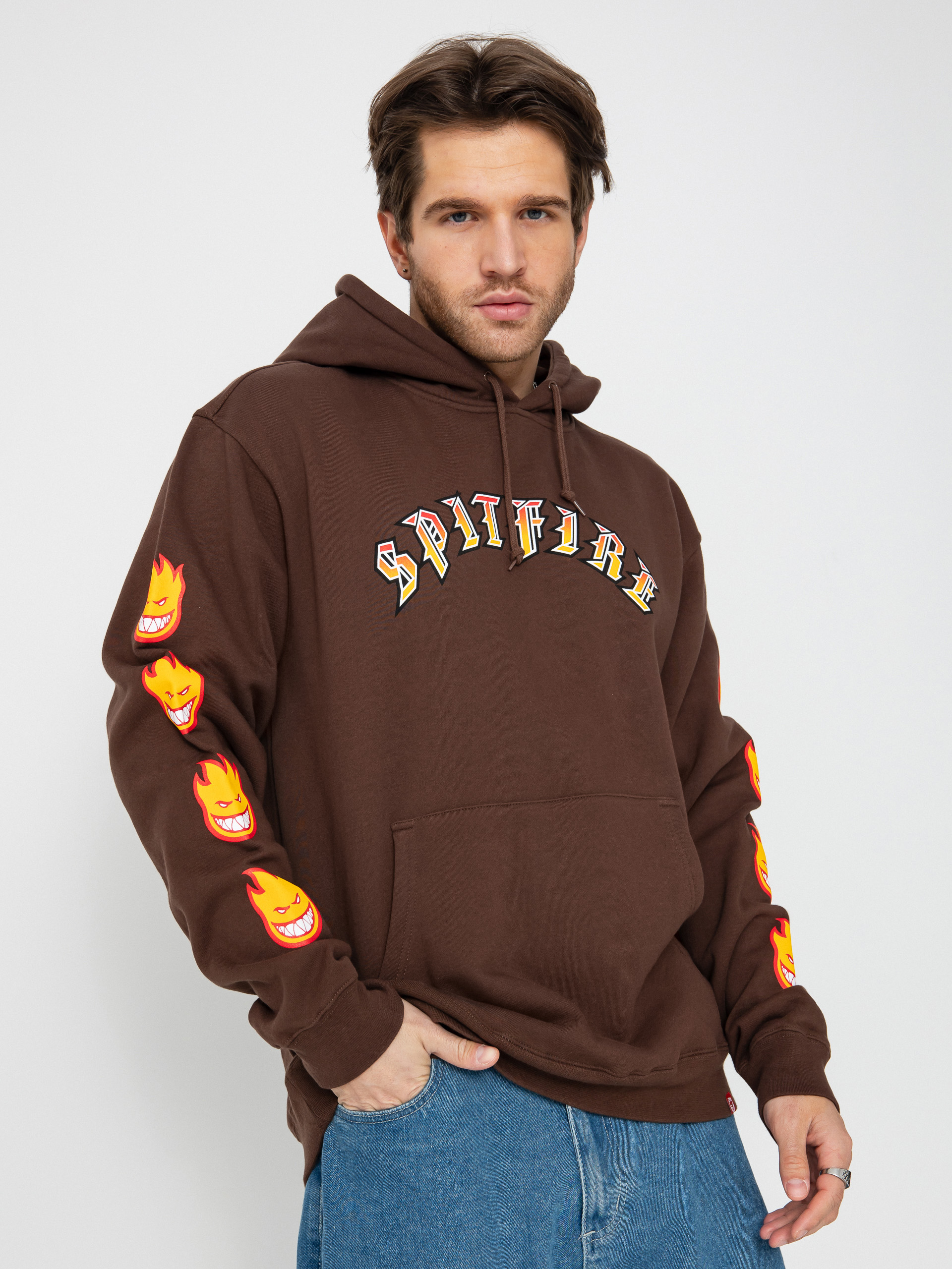 Mikina s kapucňou Spitfire Old E Bighead Fill Sleeve HD (brown/gold red/white & black prints)