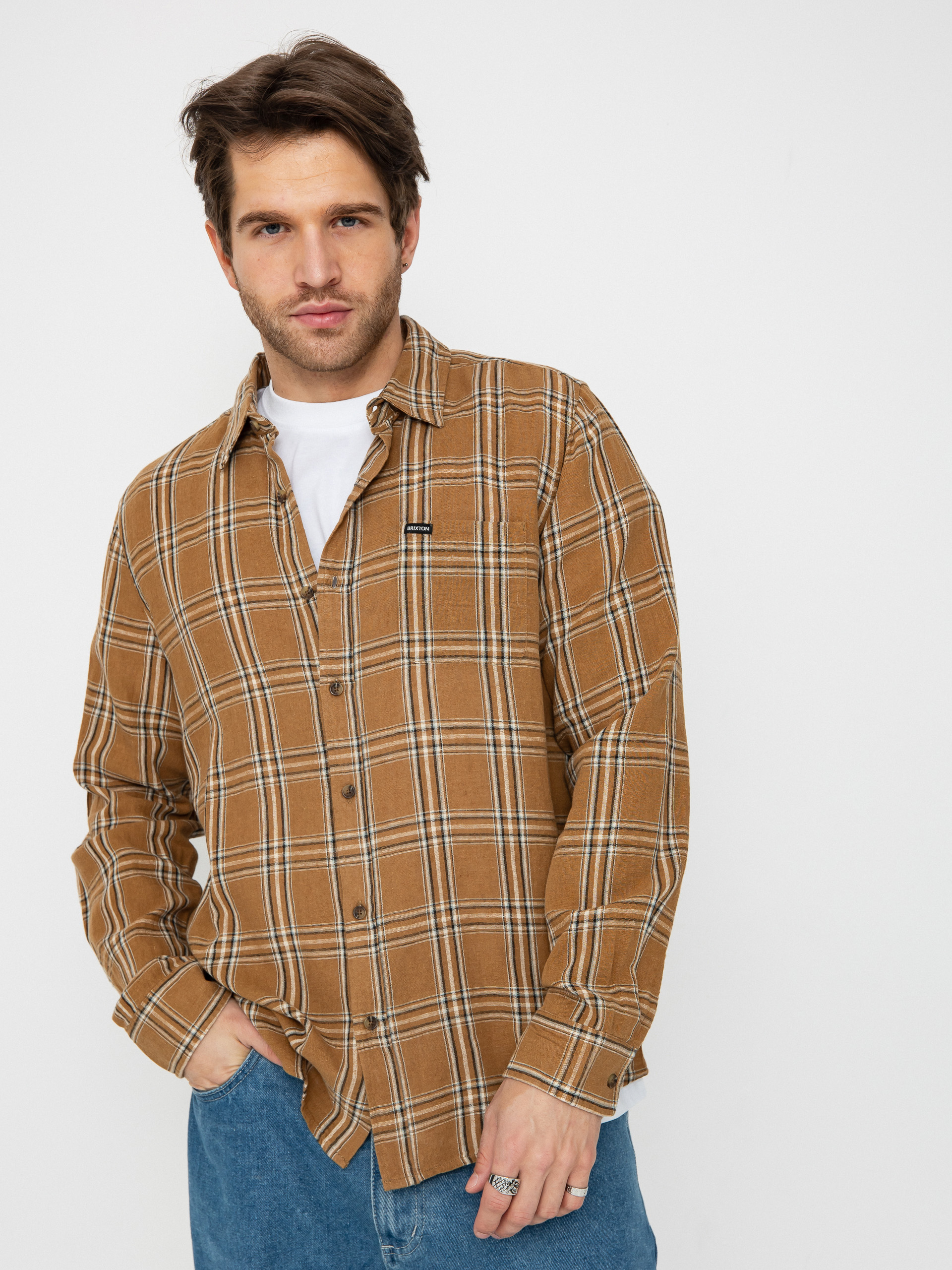 Košeľa Brixton Charter Linen Blend Ls (washed cooper/whitecap plaid)
