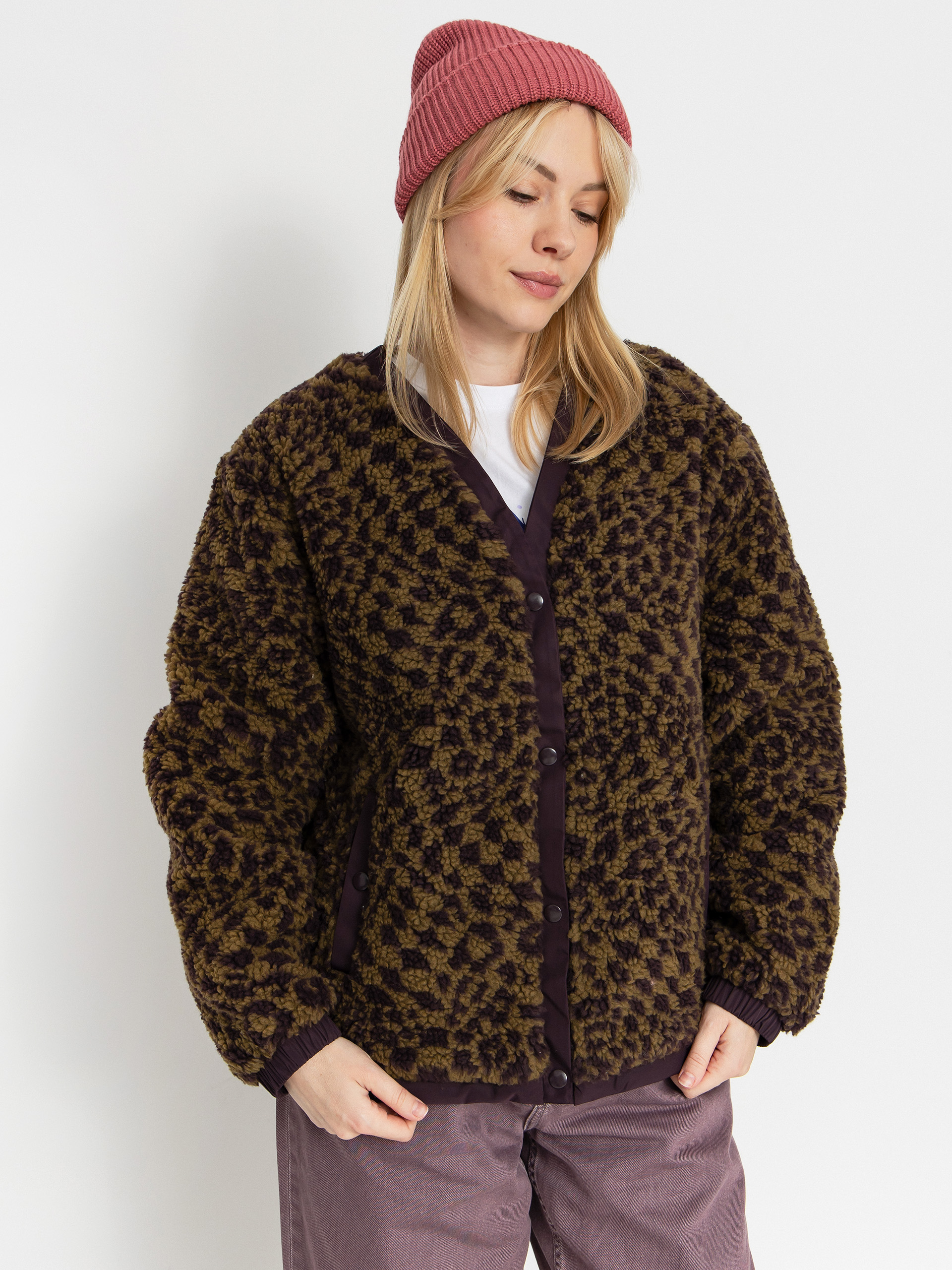 Kabát Vans Suffolk Cheetah Check Pile Coat Wmn (dark port)