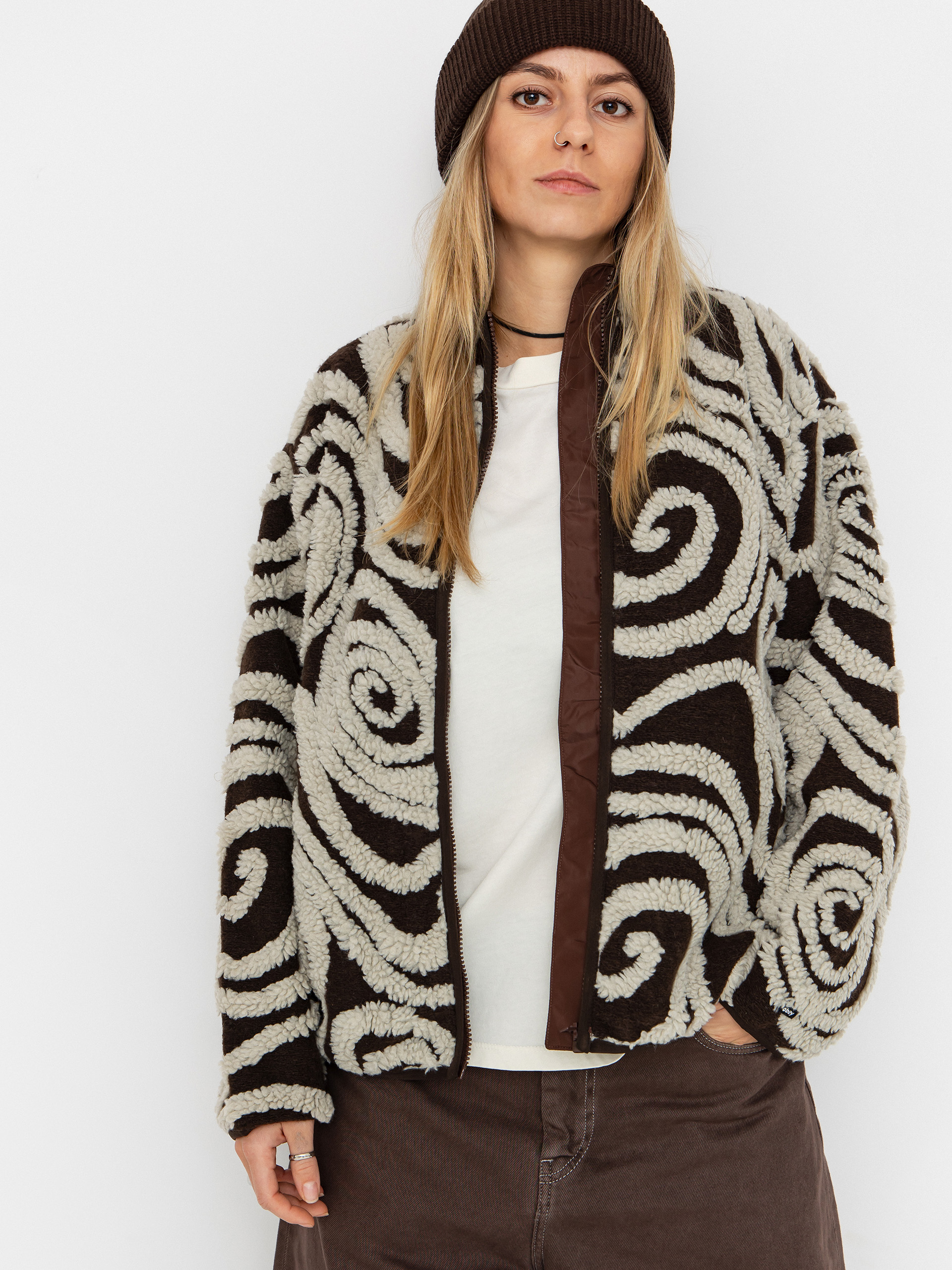 Flísová mikina OBEY Swirls Jacquard Zip Wmn (brown multi)