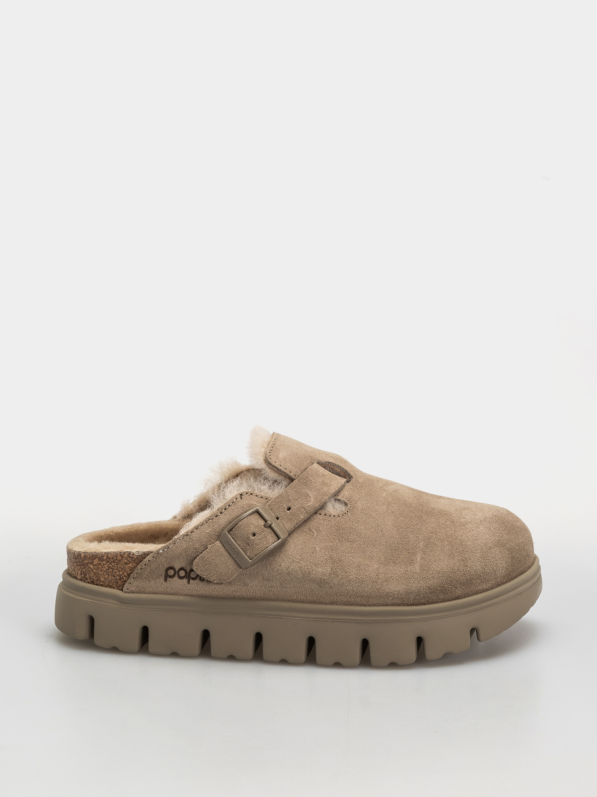 Šľapky Birkenstock Boston Chunky Shearling Suede Leather Narrow Wmn (taupe)