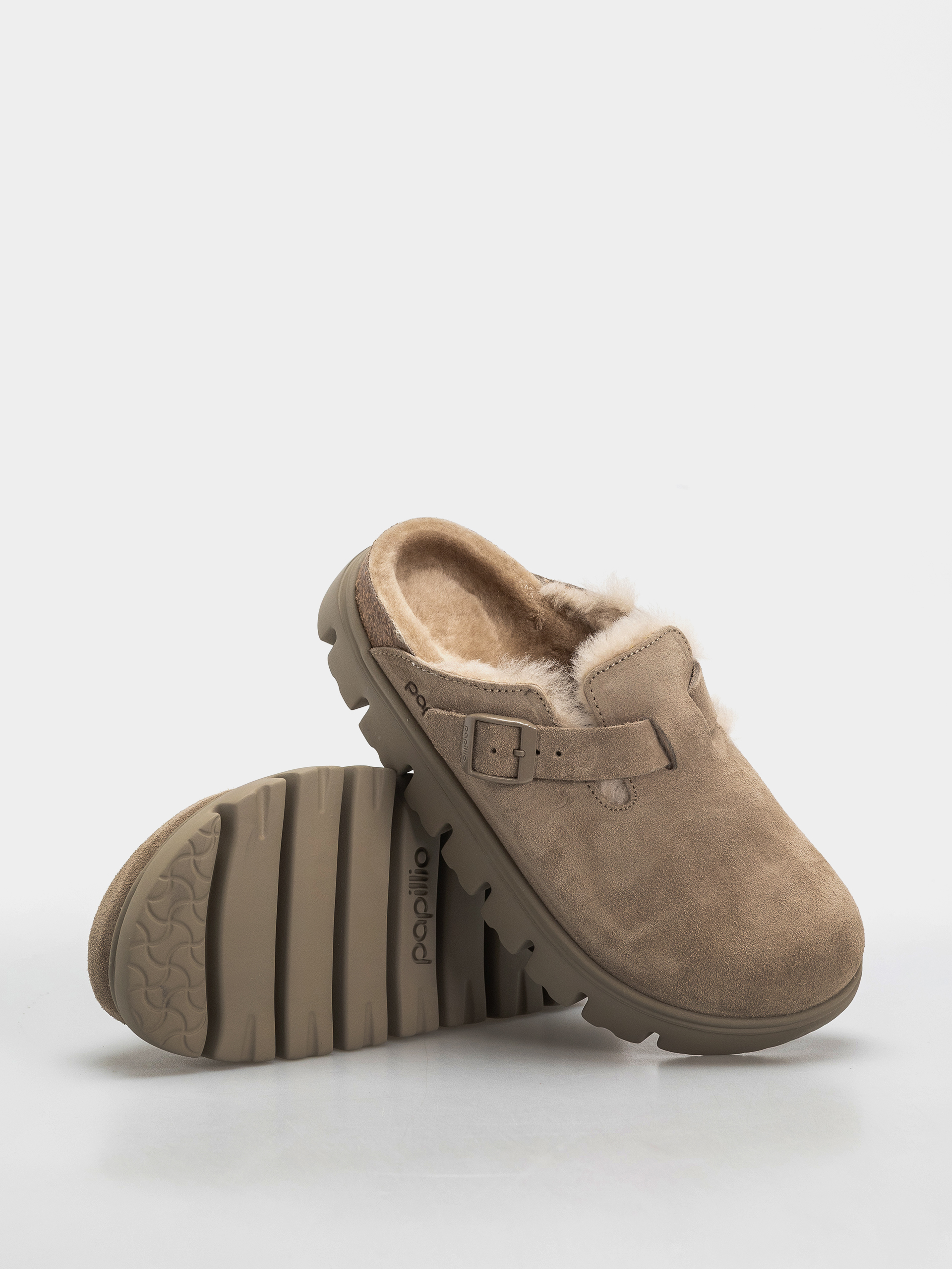 Šľapky Birkenstock Boston Chunky Shearling Suede Leather Narrow Wmn (taupe)