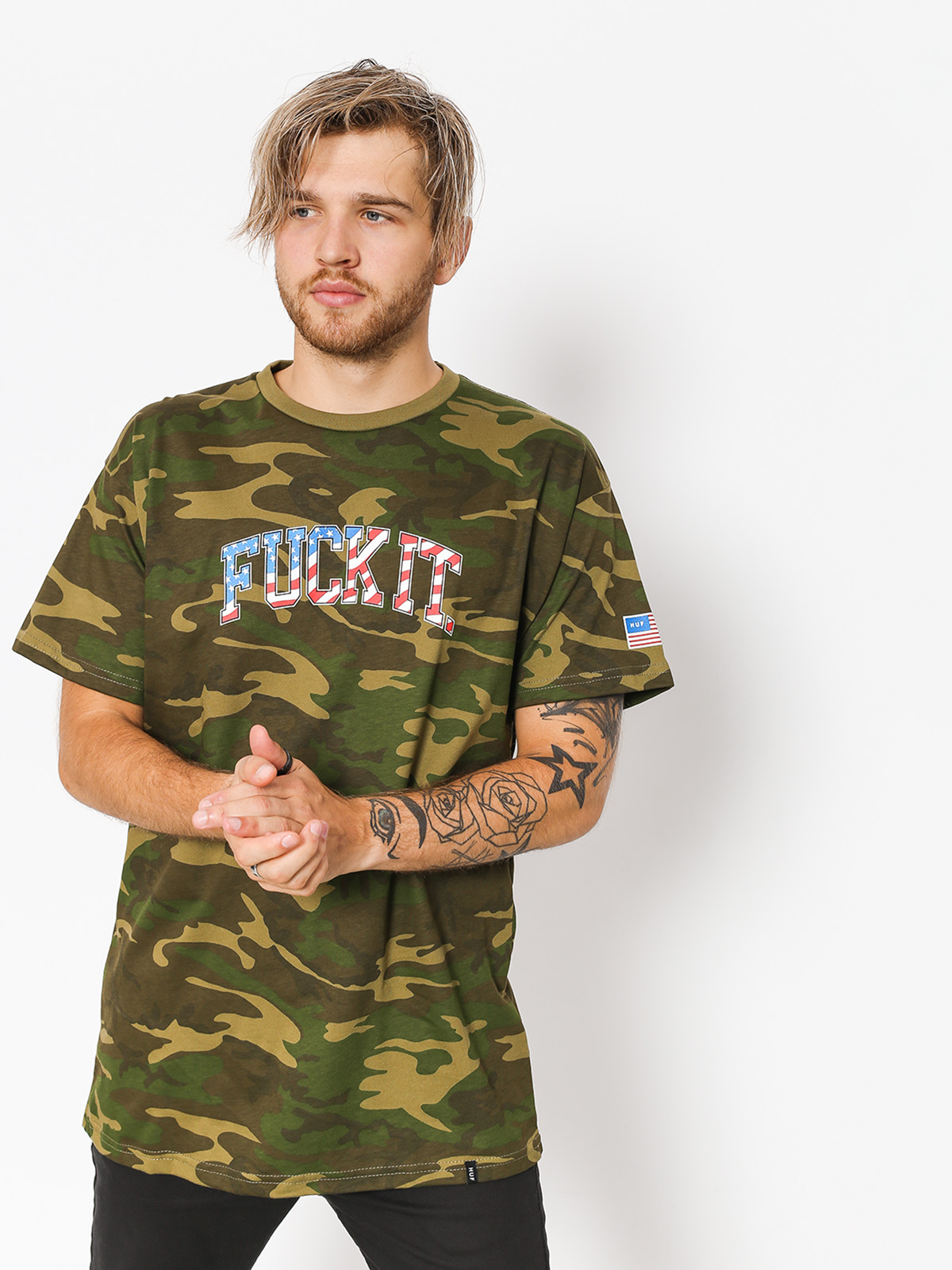 Tričko HUF Fuck It Camo Flag (woodland camo)